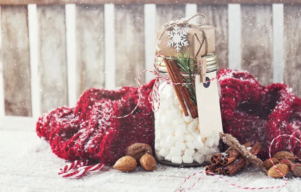 Winter, snow, red, table, box, gift, scarf, Christmas