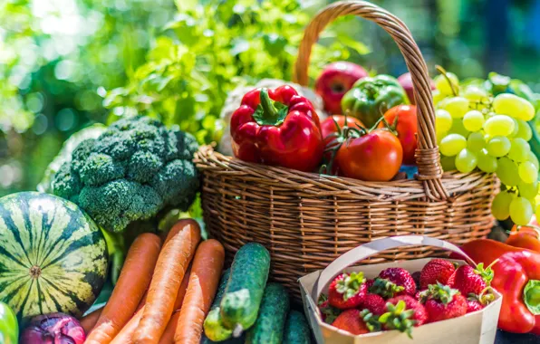 Berries, basket, watermelon, harvest, strawberry, grapes, pepper, fruit