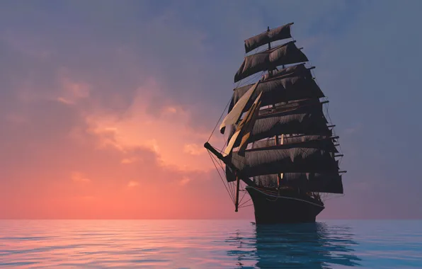 Sunset, the ocean, ship, sailboat, the evening, pirate, rendering 3d, black sails