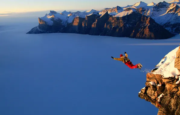 Picture snow, mountains, jump, skydiver, height.