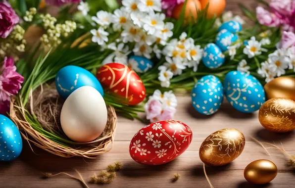 Flowers, eggs, spring, colorful, Easter, flowers, spring, Easter