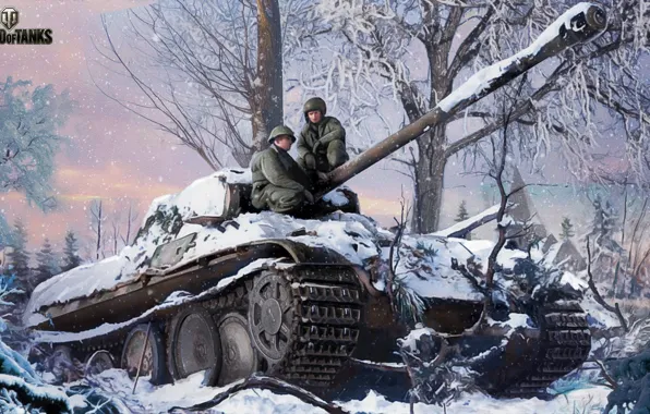 Winter, forest, snow, trees, figure, art, Panther, tank