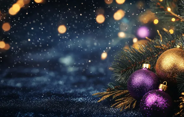 Balls, lights, the dark background, balls, Christmas, purple, New year, needles