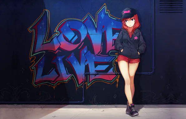 Girl, pose, graffiti, anime, cap, slender figure, Maki Nishikino, standing against the wall