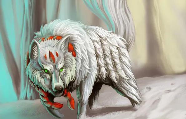 White, snow, wolf, predator, rope, art