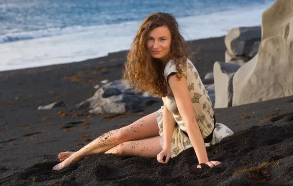 Sand, sea, look, girl, smile, stones, shore, dress