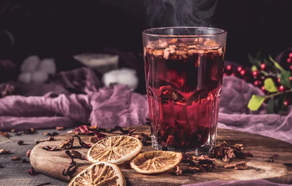 Glass, glass, the dark background, table, pink, tea, hot, oranges