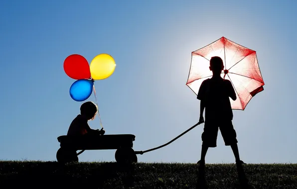 Children, mood, balls, umbrella, silhouette