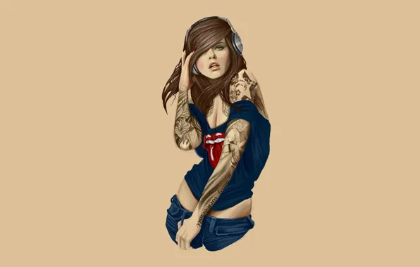 Picture look, girl, movement, headphones, girl, tattoo, headphones, look