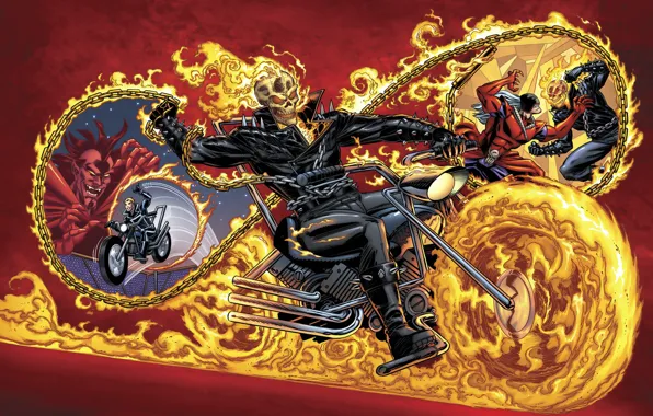 Picture fire, Ghost Rider, bike, art, Marvel, chains, Mephisto, by Benny Fuentes