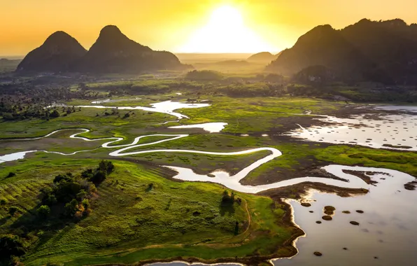 Greens, the sun, light, mountains, river, dawn, hills, view