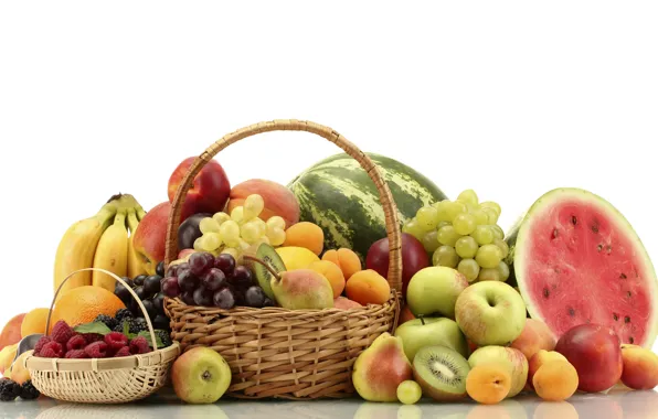 Berries, raspberry, basket, apples, oranges, watermelon, kiwi, blueberries