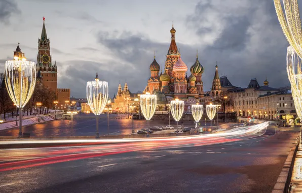 Road, lights, Moscow, Cathedral, temple, St. Basil's Cathedral, Red square, Spasskaya tower