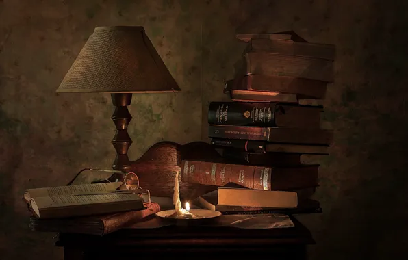 Picture books, lamp, still life