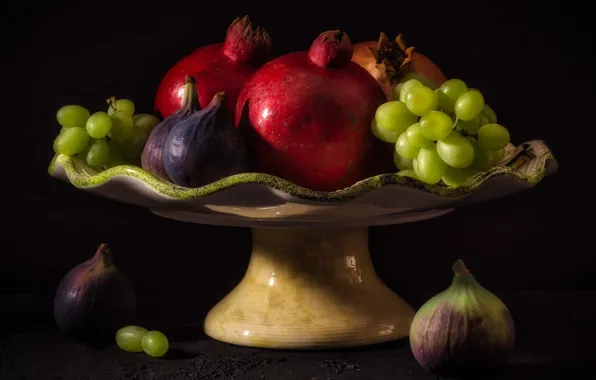 The dark background, table, grapes, vase, fruit, still life, different, grenades