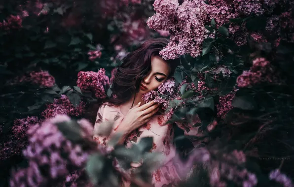Girl, mood, lilac, Nikolay Tikhomirov, the lilac Bush