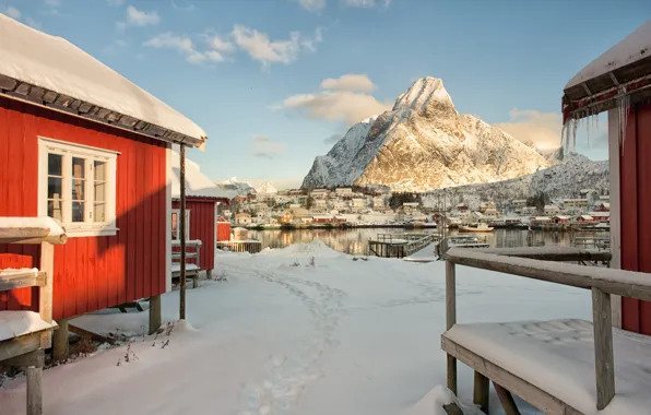 Picture winter, sea, the sky, snow, house, mountain, Norway