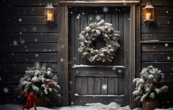 Winter, balls, snow, door, Christmas, New year, wreath, new year decorations
