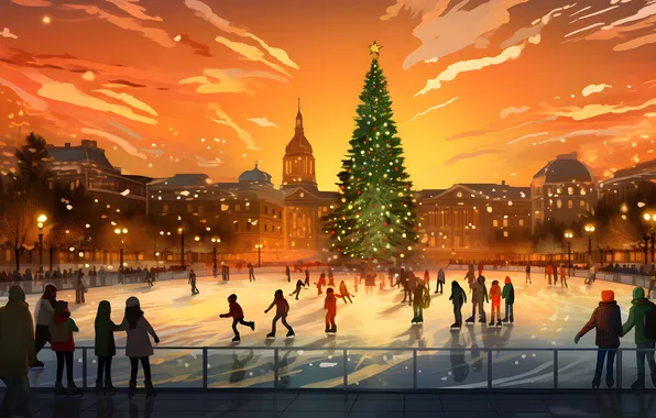 Picture The evening, People, Christmas, New year, Tree, Digital art, Rink, AI art