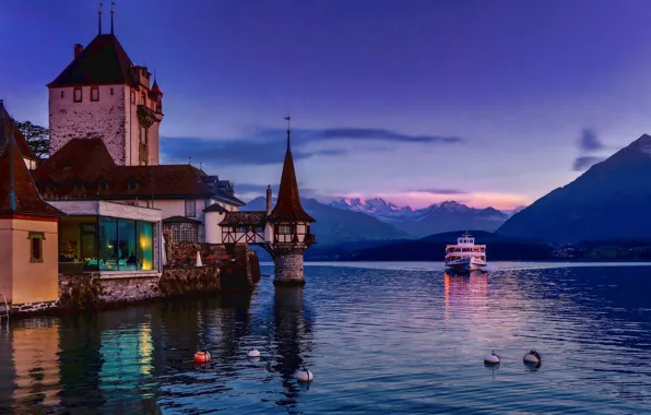 Sunset, mountains, lake, castle, Switzerland, Alps, Switzerland, ship