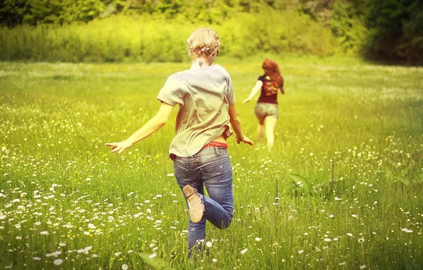 Field, girls, chamomile, running