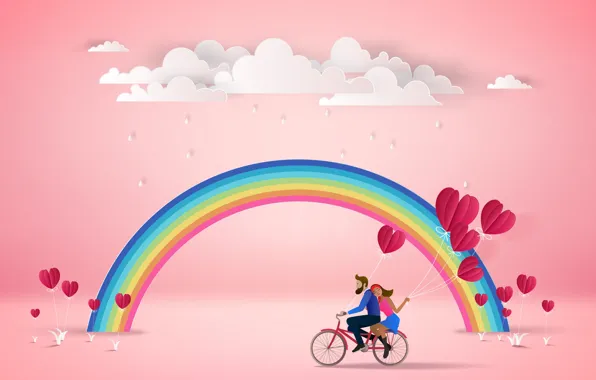 Picture Nature, Rainbow, Pair, Bike, Rendering, Obloka