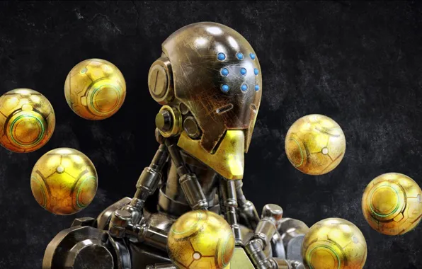 Picture future, the dark background, balls, robot, rotation, future, robot, balls