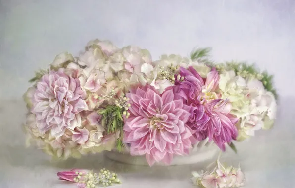 Flowers, background, bouquet, petals, art, pink, white, painting