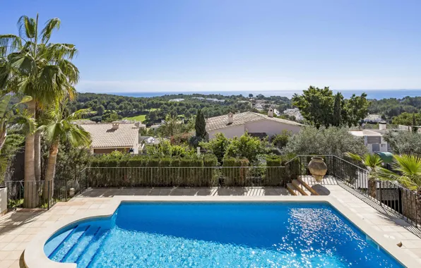 Sea, the city, palm trees, Villa, home, pool, Spain, Mallorca