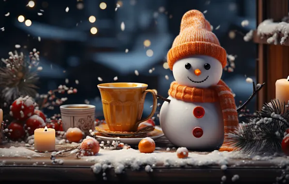 Winter, snow, New Year, Christmas, snowman, Christmas, balls, winter