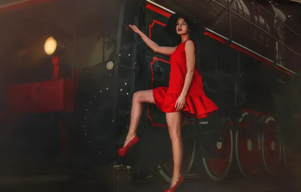 Picture pose, style, model, the engine, hat, shoes, red dress, Alexander Drobkov-Light