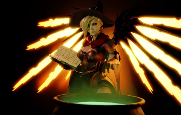 Girl, wings, hat, book, witch, Chan, medic, Overwatch