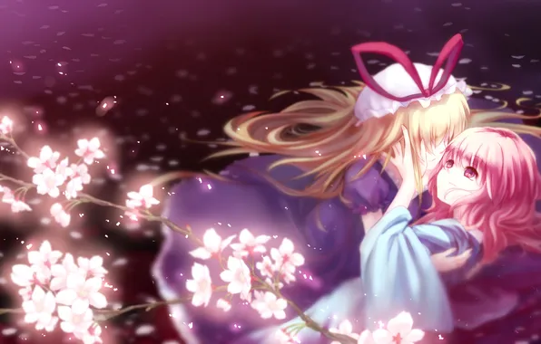 Water, flowers, girls, branch, petals, Sakura, art, touhou