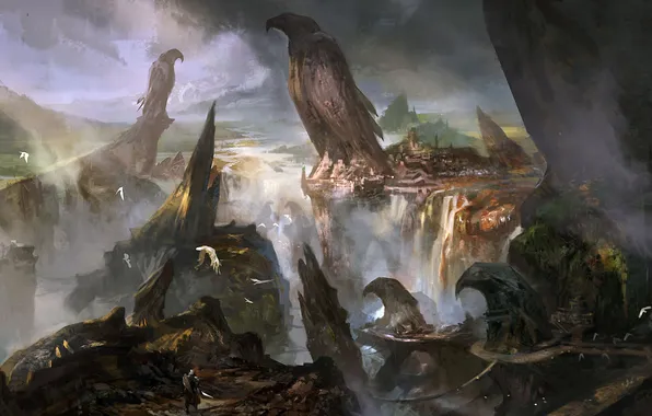Birds, the city, people, waterfall, art, gorge, the eagles, fantasy world
