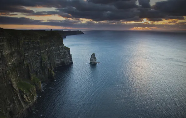 Sunset, rocks, coast, Ireland, water surface, Ireland, The Atlantic ocean, Atlantic Ocean