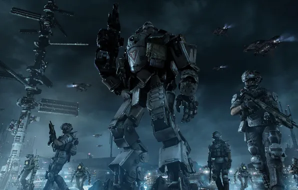 Night, weapons, robot, soldiers, spaceships, TitanFall