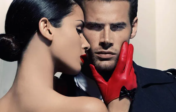 Woman, male, red gloves