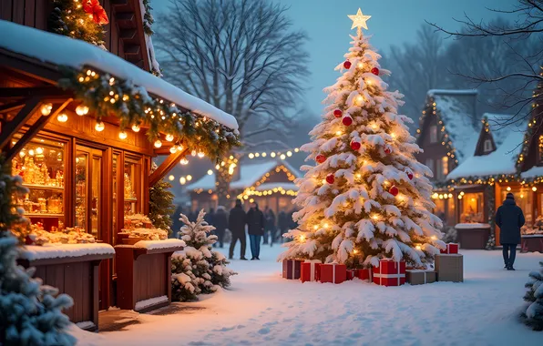 Winter, snow, the city, people, street, Christmas, gifts, New year