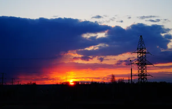 The sky, the sun, sunset, wire, Power lines