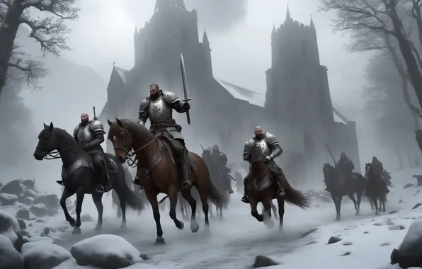 Winter, fog, horse, warriors, knights, men