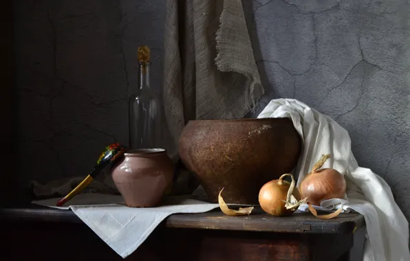 Table, bow, spoon, fabric, pot, still life, items, burlap