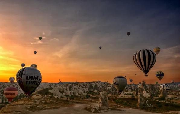 The sky, sunset, mountains, balloons, ballooning, Turkey, balloons, Cappadocia