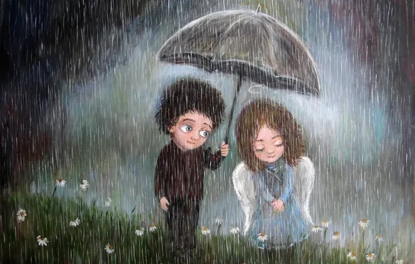 Umbrella, rain, mood, boy, art, pair, girl, feeling