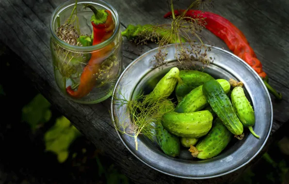 Board, dill, Bank, pepper, cucumbers, salting, preserving, basin