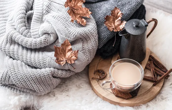 Autumn, leaves, wool, autumn, leaves, sweater, coffee cup, a Cup of coffee