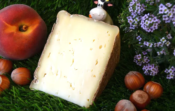 Flowers, food, cheese, nuts, peach