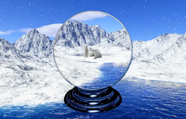 Fantasy, river, winter, snow, polar bears, snow globe