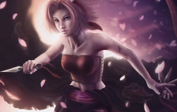 Girl, petals, art, knives, Naruto, wound, pink hair, haruno sakura