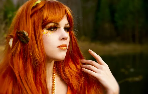 Autumn, look, girl, beads, redhead, sequins