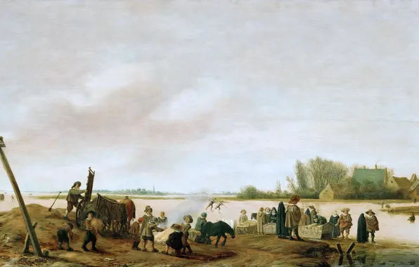Winter, landscape, people, picture, genre, Winter Landscape on the Shore, Salomon van Ruysdael